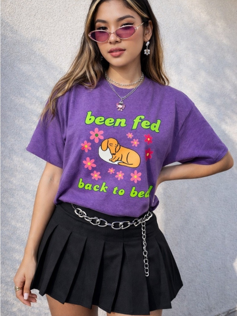HANDMADE Doxie "Been Fed Back To Bed" purple Cotton tee